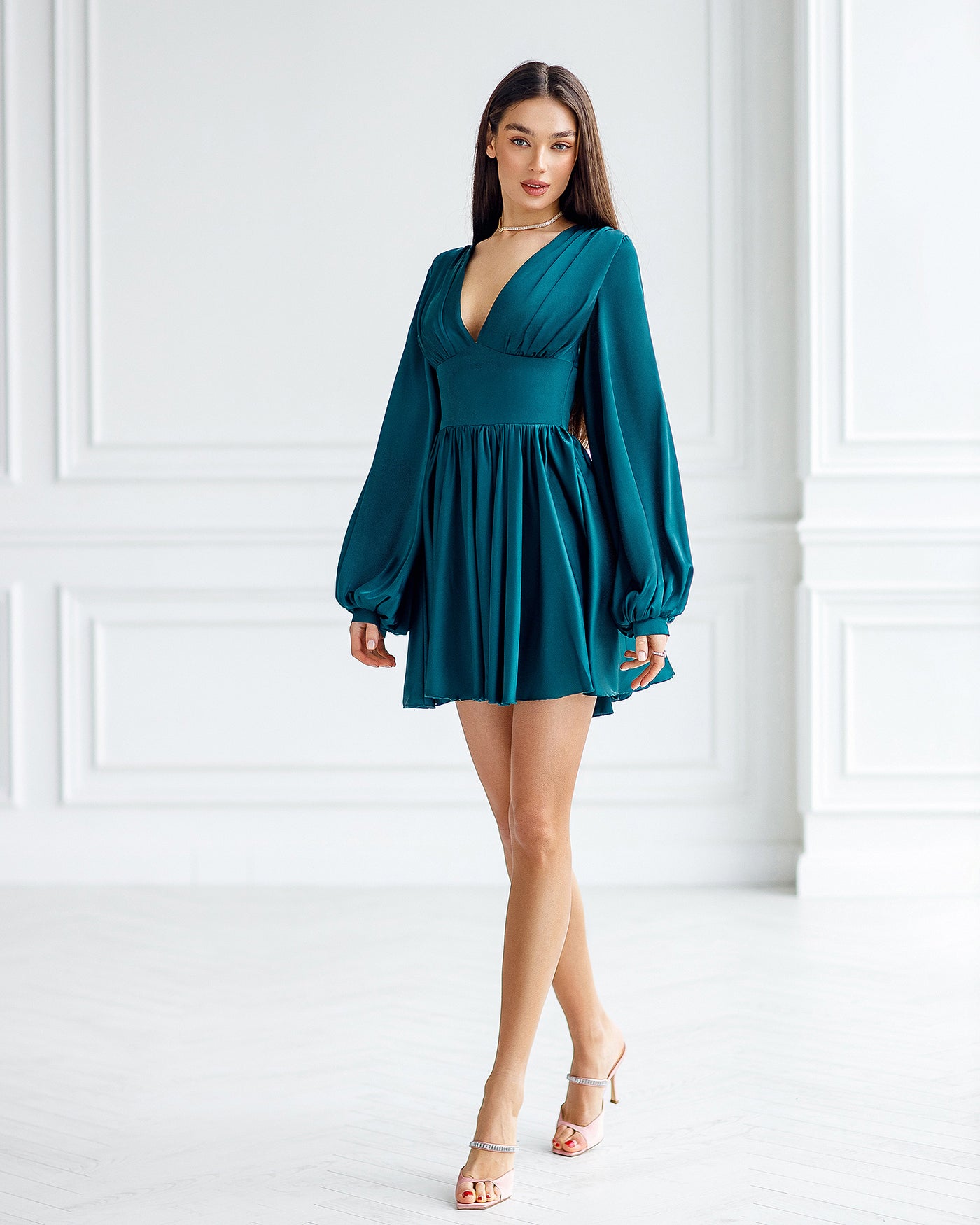 Emerald Silk Puff Sleeve Mini Dress (article 351)