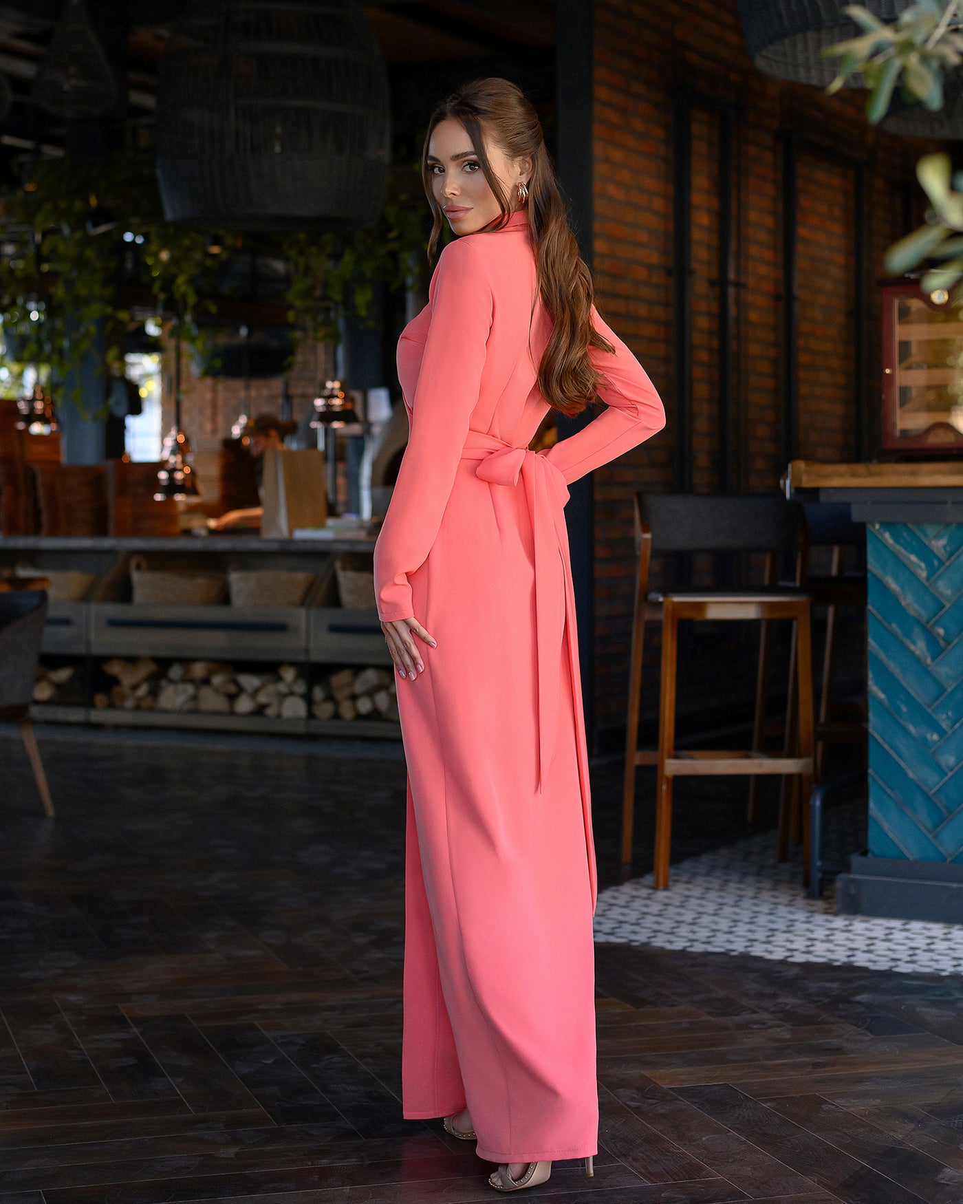 Coral Wrap Long Sleeve Maxi Dress (article 083)