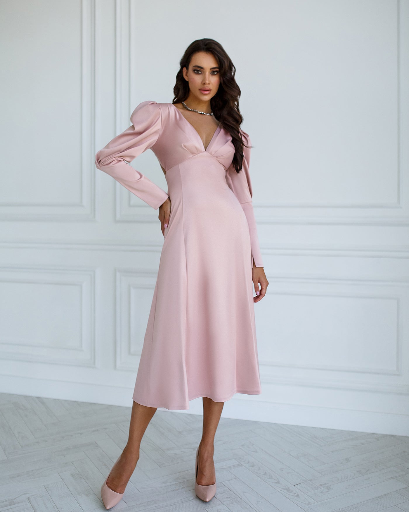 Dusty Pink Satin Bow Back Midi Dress (article 340)