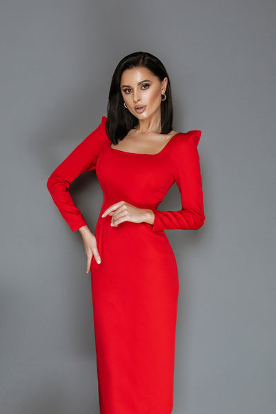 Red Square Neckline Midi Dress (article C362)