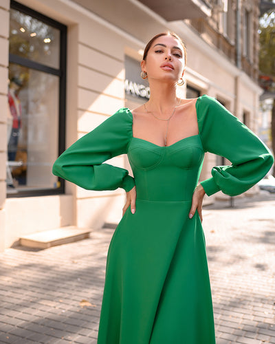 Green PUFF-SLEEVE MIDI DRESS (ARTICLE 401)