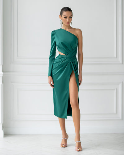 Emerald SATIN ONE-SHOULDER CUT-OUT MIDI DRESS (ARTICLE 341)