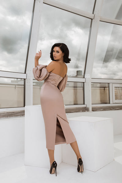 Beige Puffed Sleeve Midi Dress (Article C292)