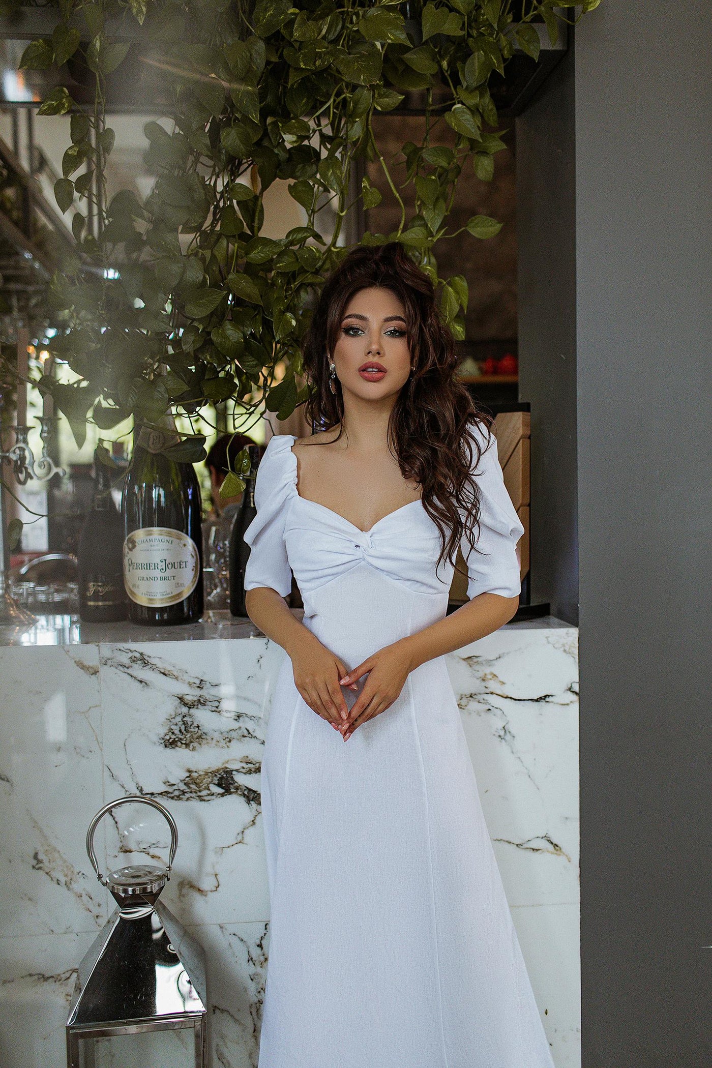 White LINEN SHORT SLEEVE MIDI DRESS (ARTICLE 297)