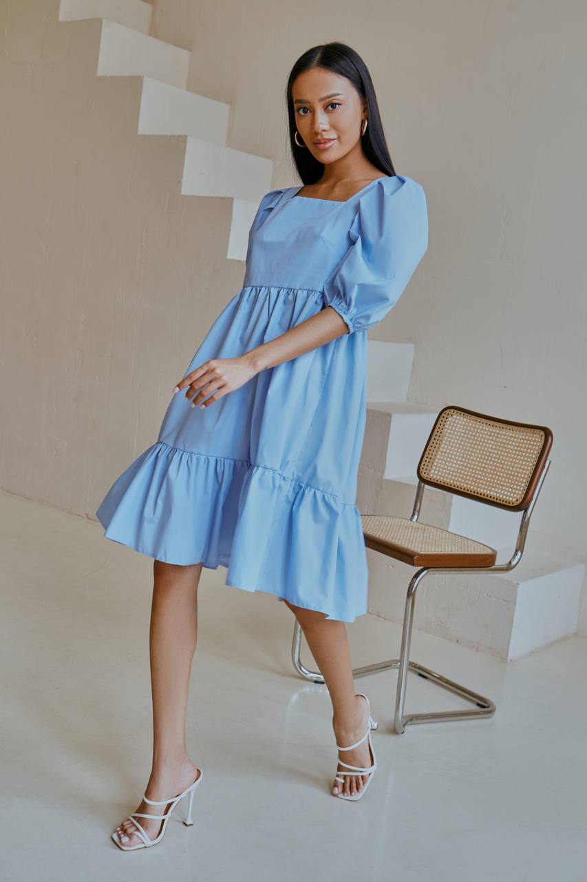 Sky-Blue Square Neck Puff-Sleeve Mini Dress (article 346)