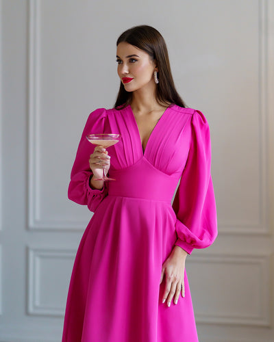 Crimson V-Neck Puff-Sleeve Midi Dress (article 352)