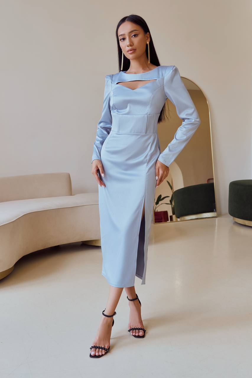 Sky-Blue Satin Long Sleeve Midi Dress (article 342)