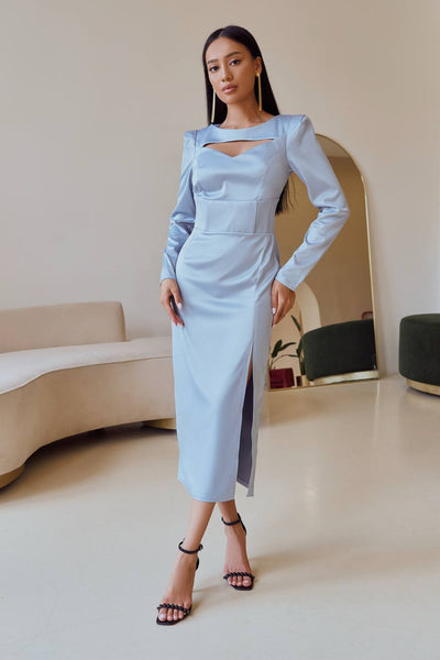 Sky-Blue Satin Long Sleeve Midi Dress (article 342)