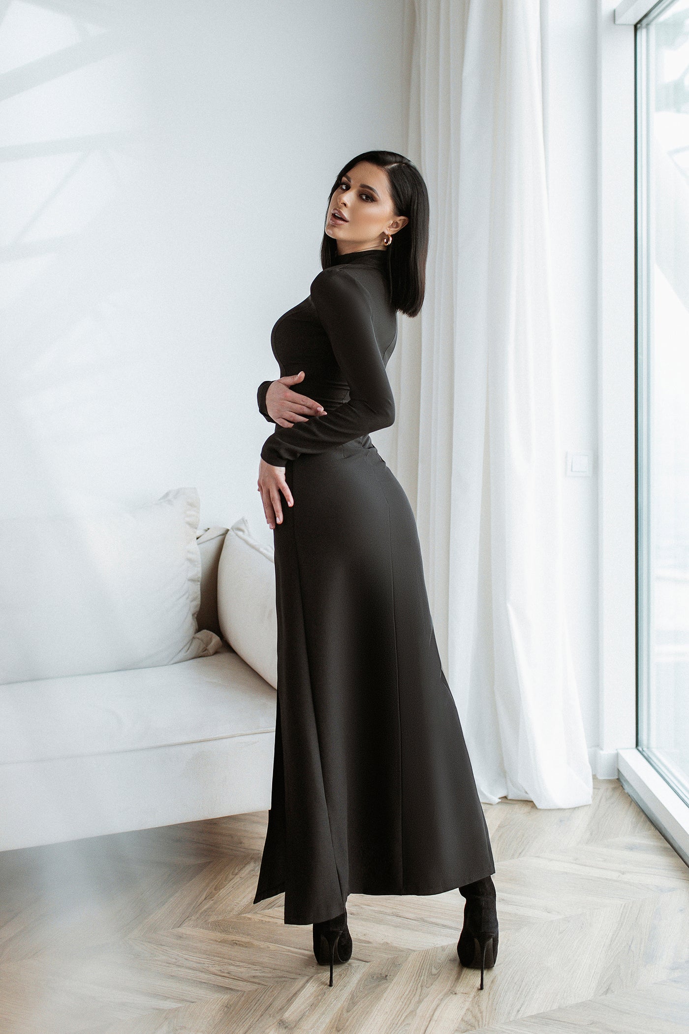 Black High Neck Side-Slit Midi Dress (article C359)