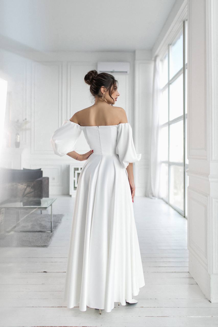 White Satin Puff-Sleeve Bridal Maxi Dress (article 288)