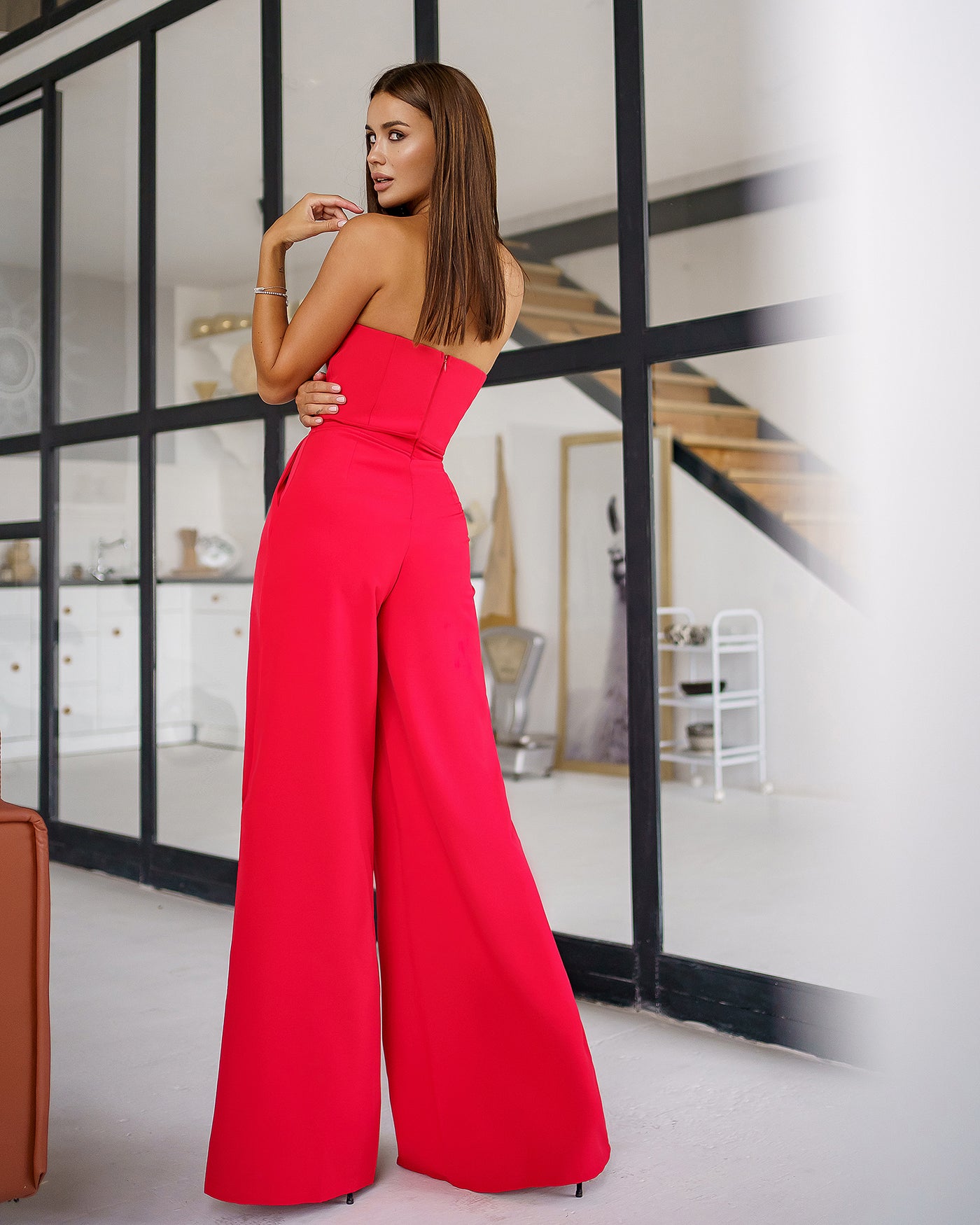 Red Strapless V-Neck Jumpsuit (article 323)