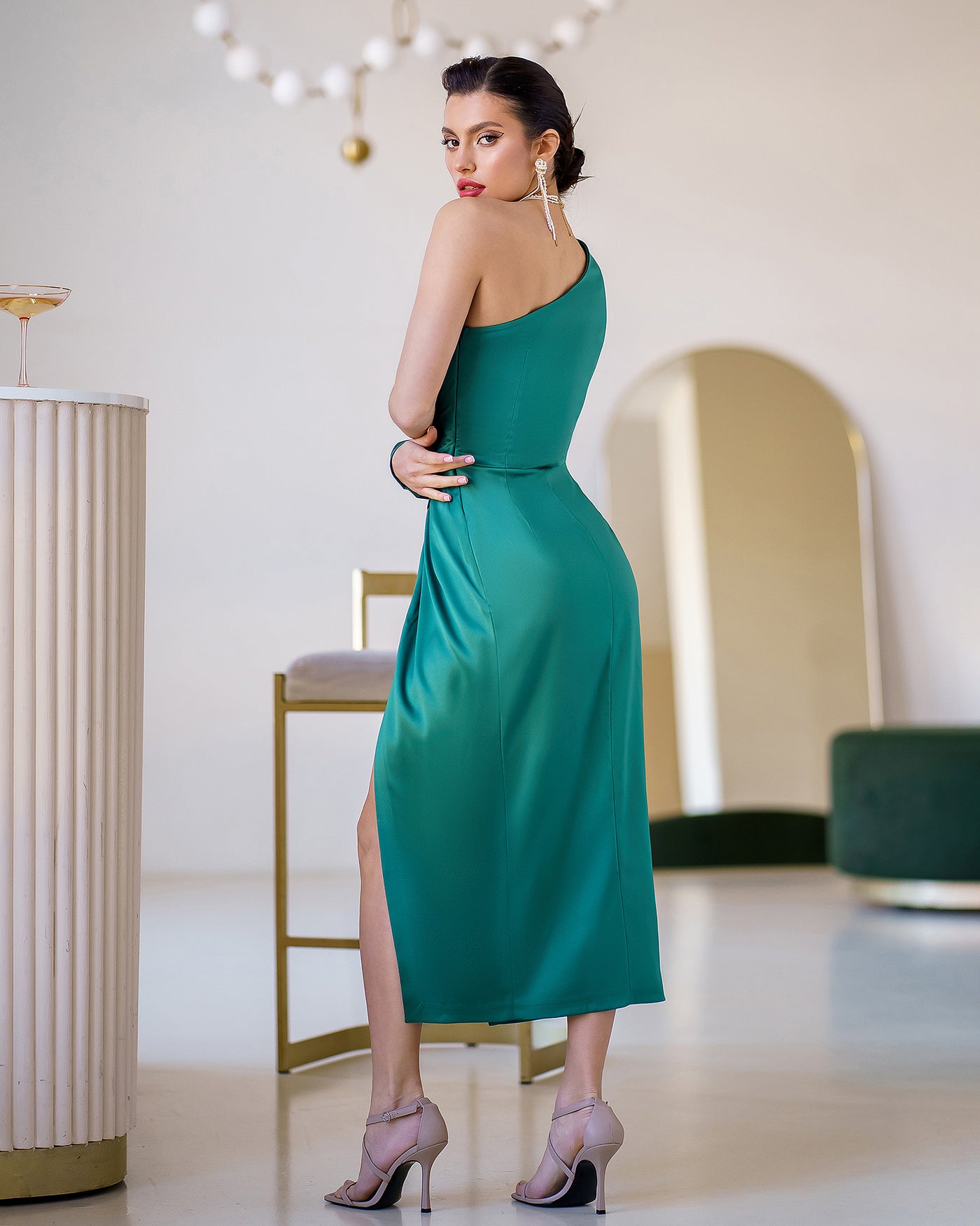 Emerald SATIN ONE-SHOULDER CUT-OUT MIDI DRESS (ARTICLE 341)