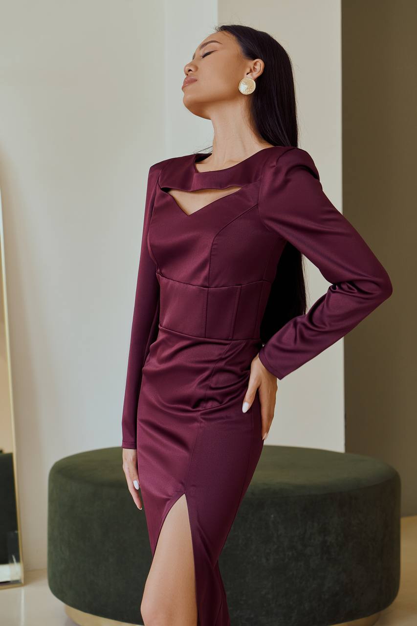 Bordeaux SATIN LONG SLEEVE MIDI DRESS (ARTICLE 342)