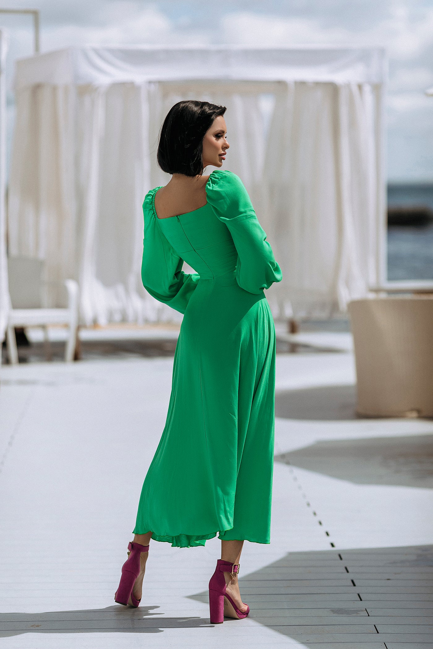 Green PUFF SLEEVE MIDI DRESS (ARTICLE C329)