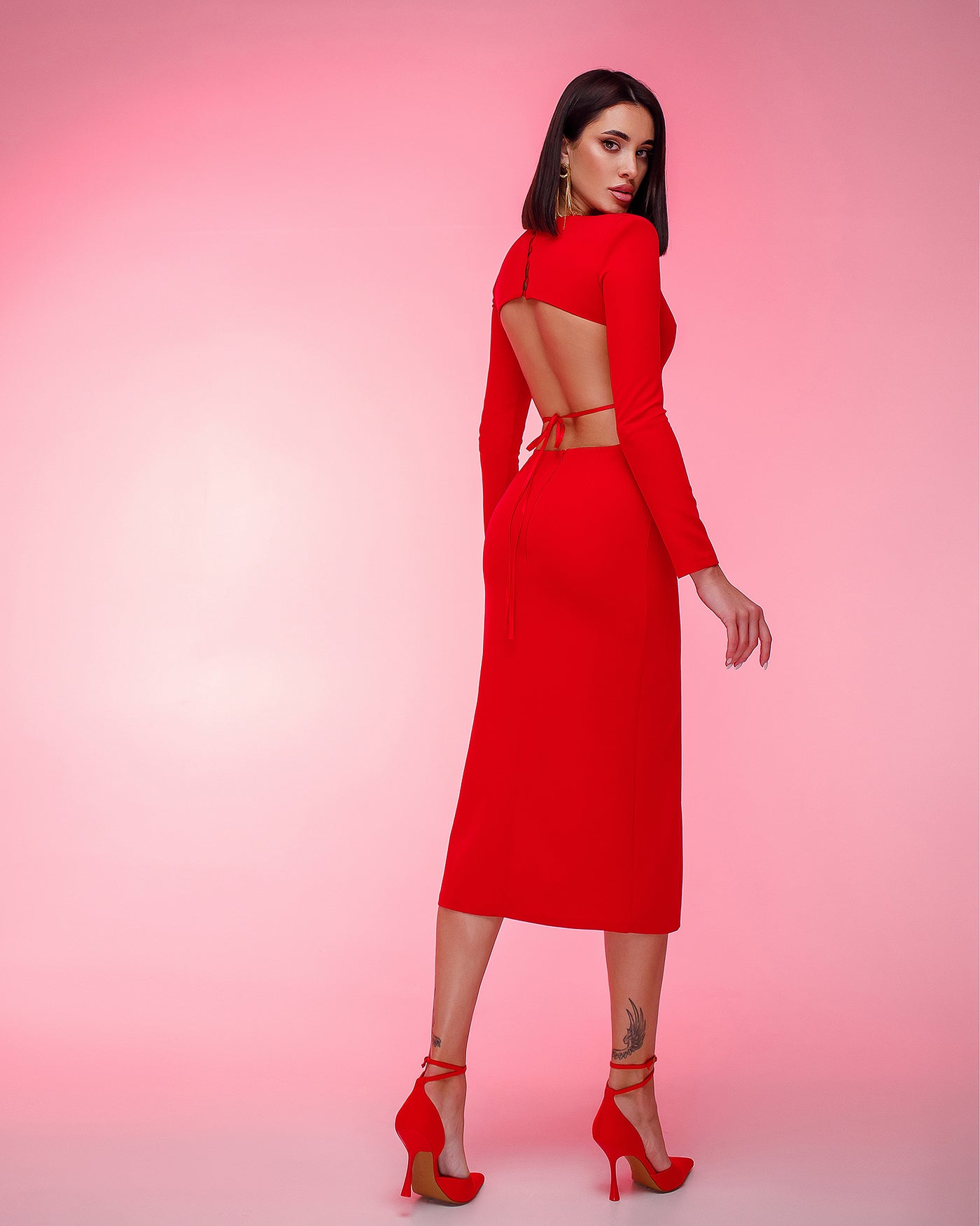 Red BACKLESS LONG SLEEVE MIDI DRESS (ARTICLE 327)