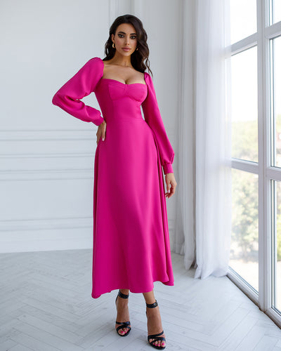 Crimson PUFF-SLEEVE MIDI DRESS (ARTICLE 401)