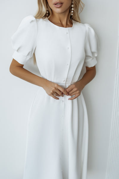 White fitted PUFF-SLEEVE MIDI DRESS (ARTICLE C390)