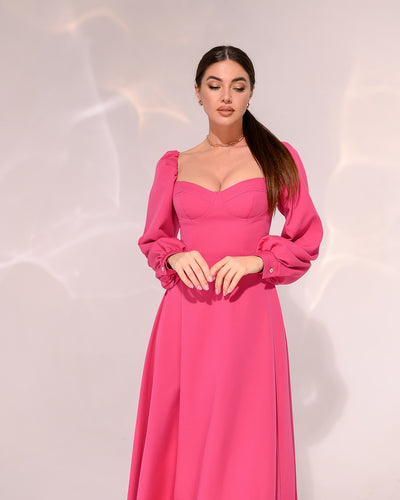 Crimson PUFF-SLEEVE MIDI DRESS (ARTICLE 401)