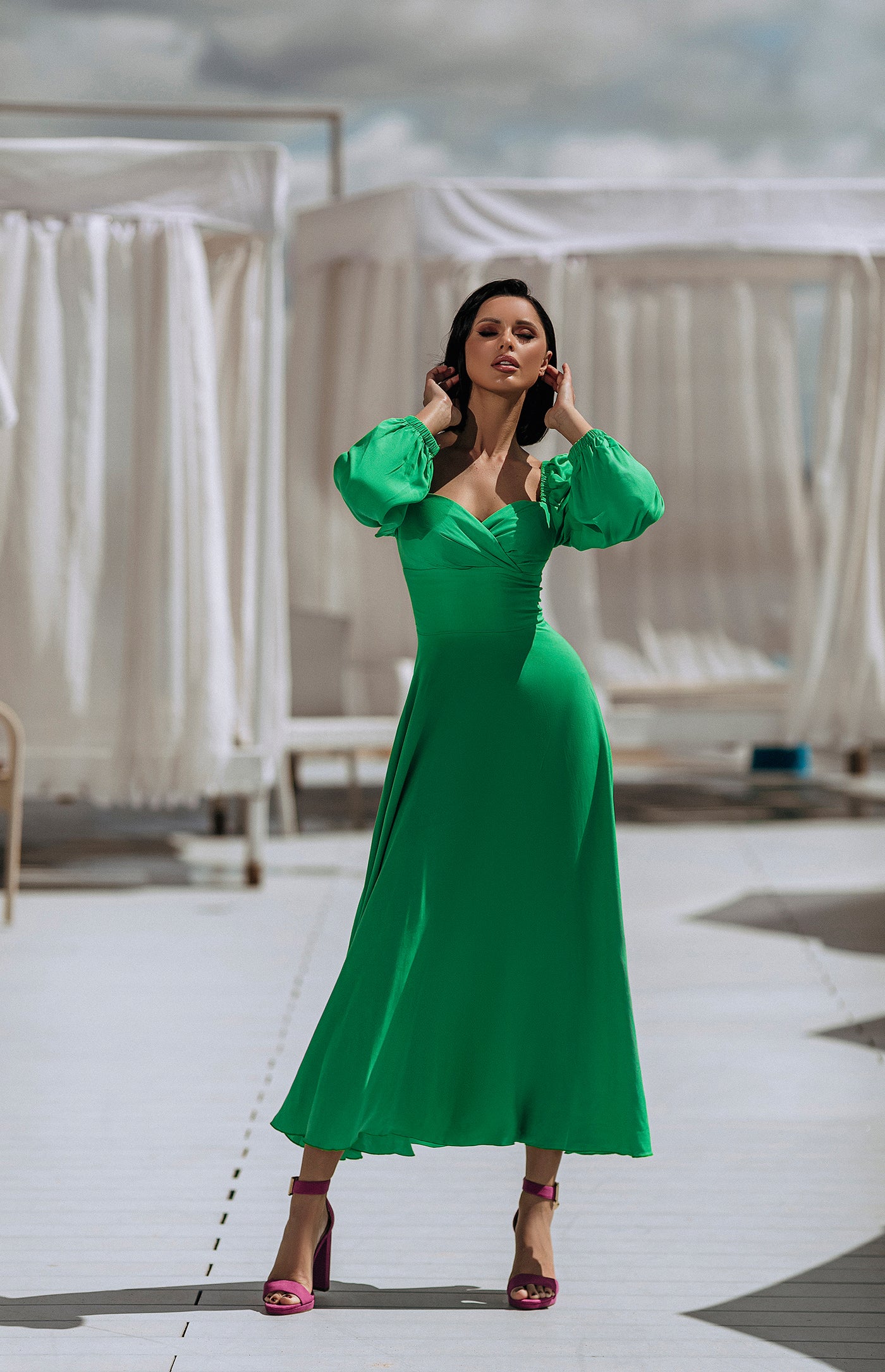 Green PUFF SLEEVE MIDI DRESS (ARTICLE C329)