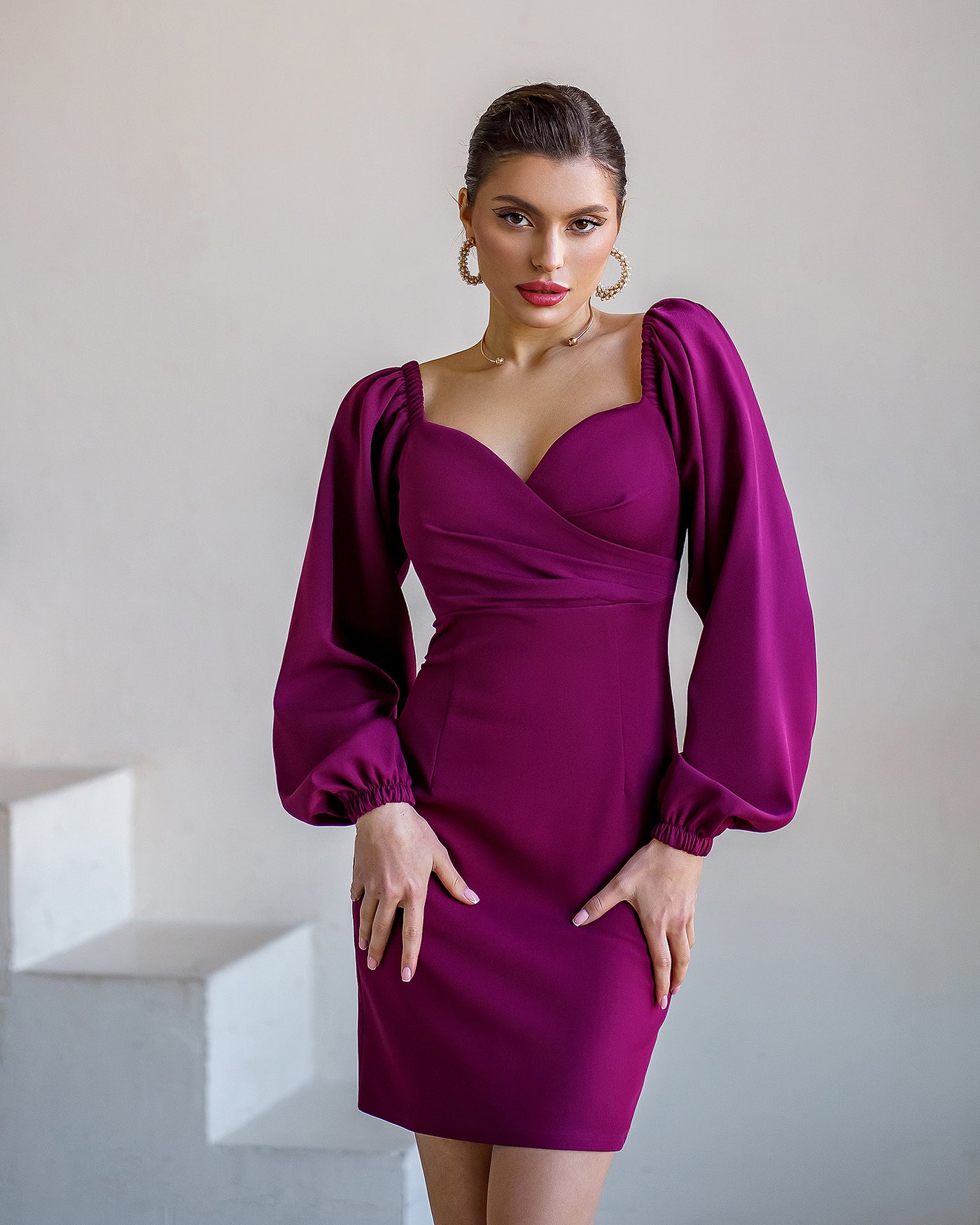 Bordeaux Puff-Sleeve Mini Dress (article 257)