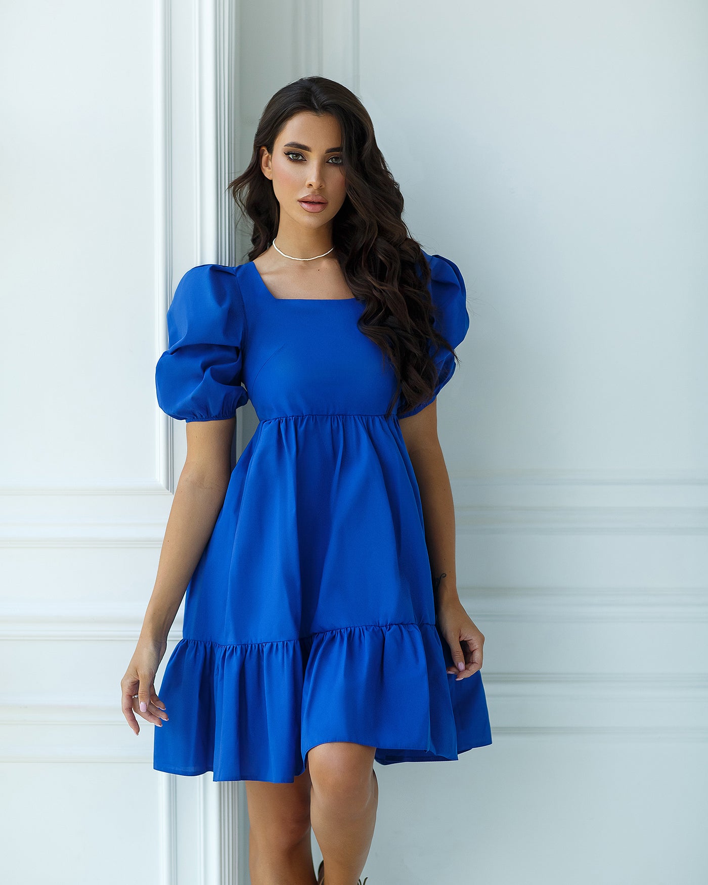 Blue SQUARE NECK PUFF-SLEEVE MINI DRESS (ARTICLE 346)