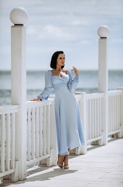 Sky-blue PUFF SLEEVE MIDI DRESS (ARTICLE C329)