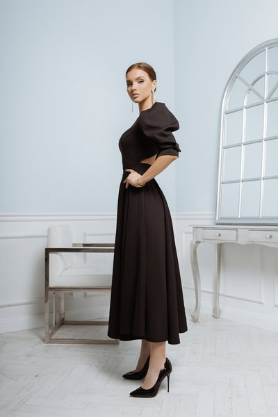 Black Backless Puff-Sleeve Midi Dress (article C383)