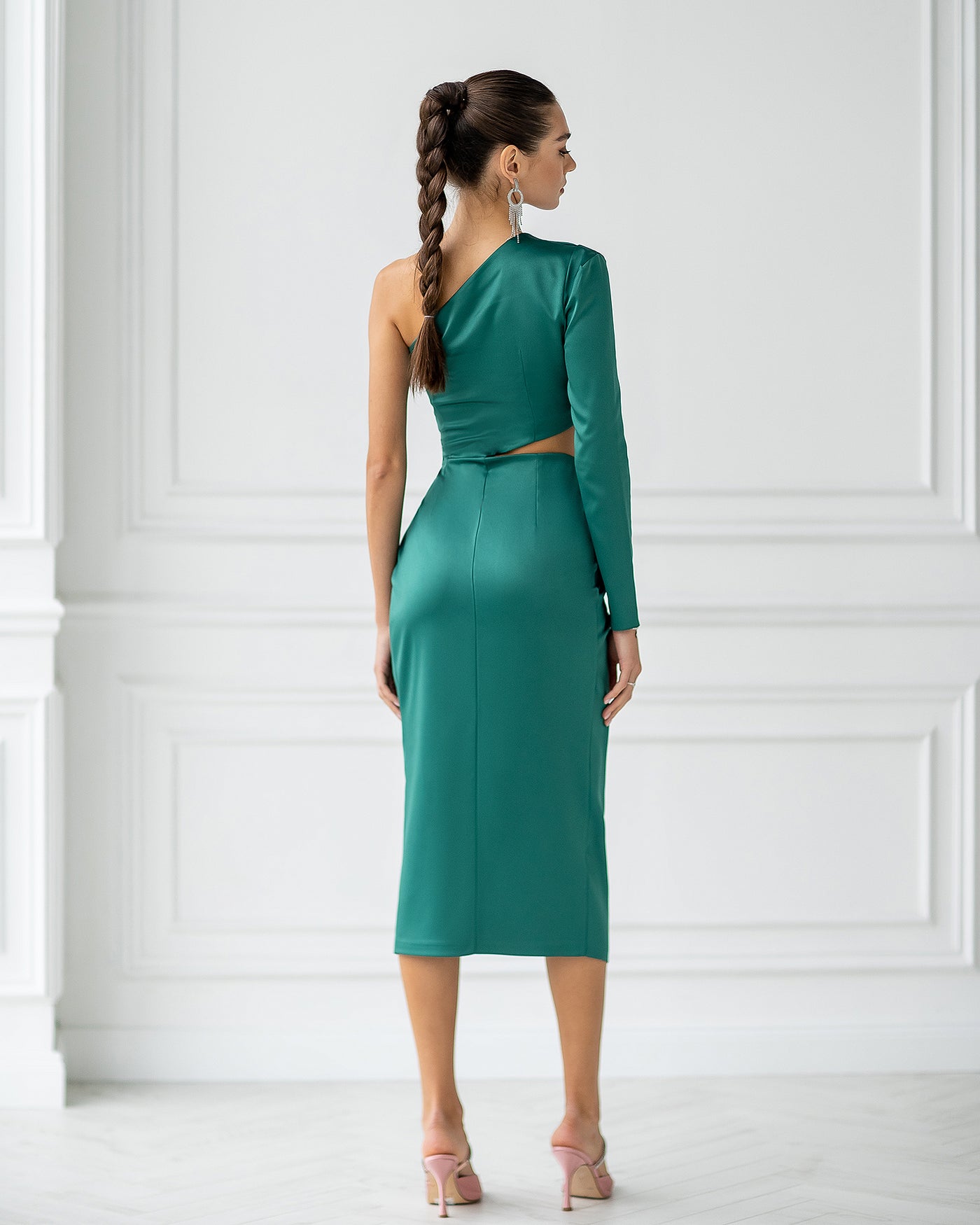 Emerald SATIN ONE-SHOULDER CUT-OUT MIDI DRESS (ARTICLE 341)