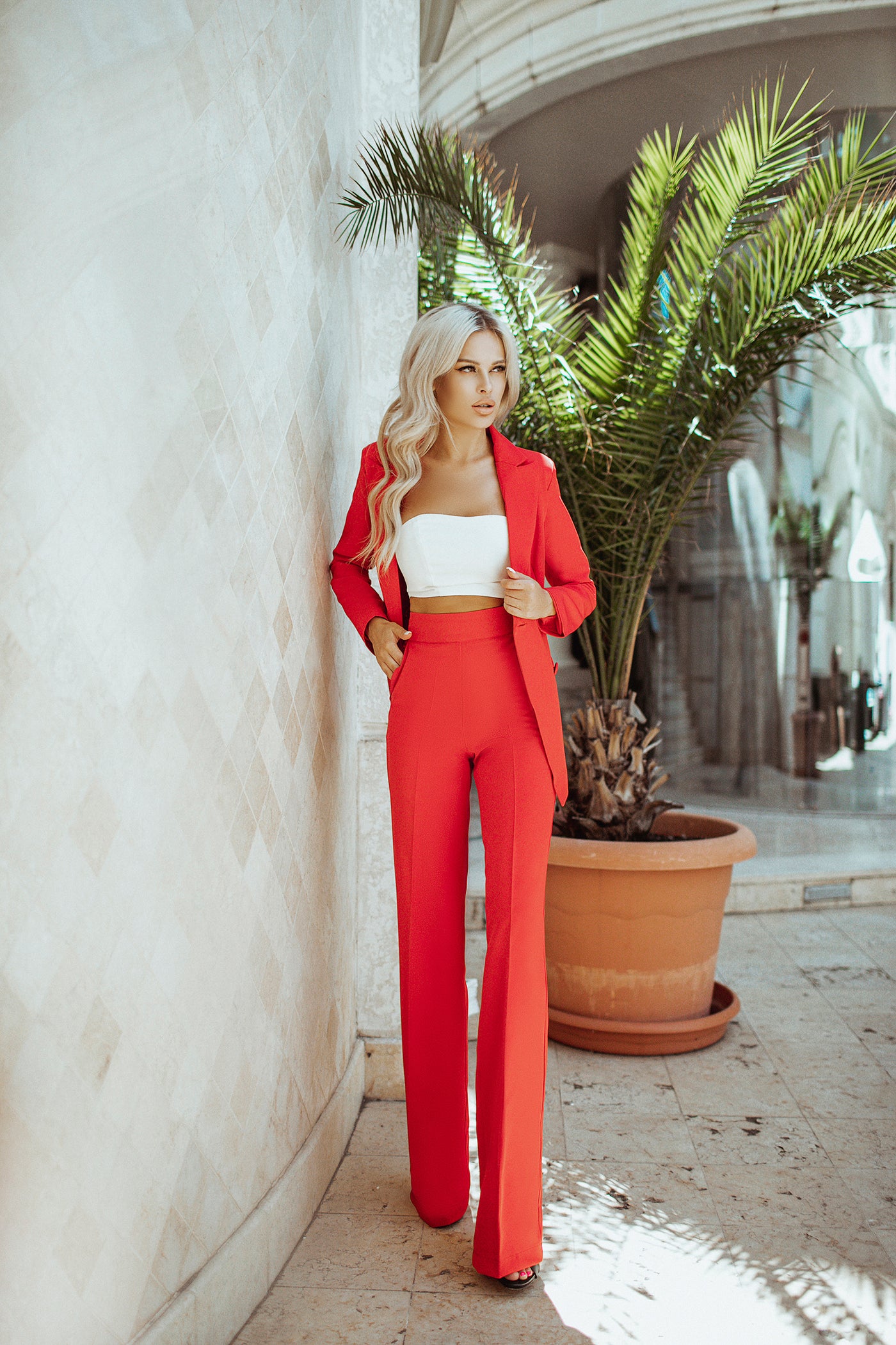 Red BELTED DOUBLE BREASTED SUIT 2-PIECE (ARTICLE C273)