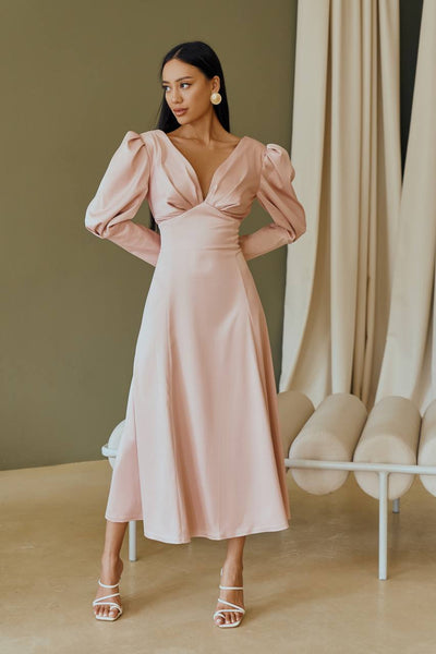 Dusty Pink Satin Bow Back Midi Dress (article 340)