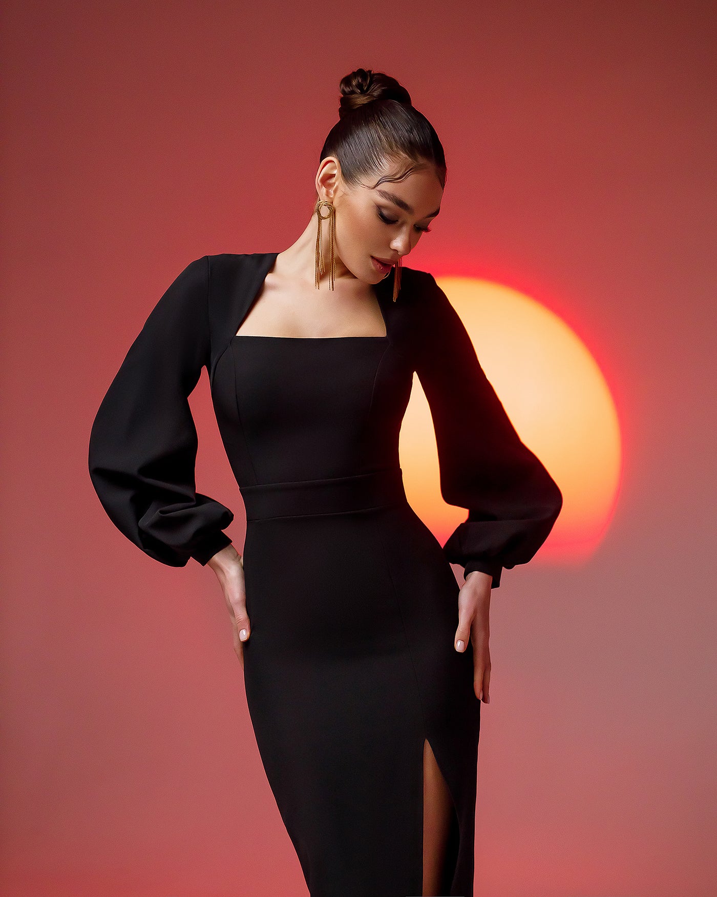 Black SQUARE NECK PUFF-SLEEVE MIDI DRESS (ARTICLE 353)