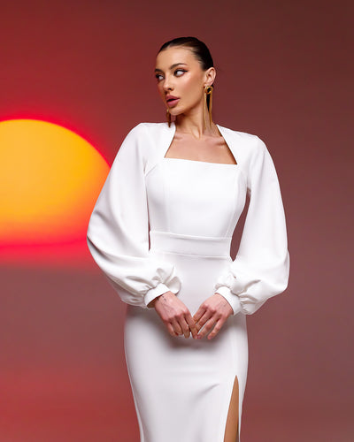 White SQUARE NECK PUFF-SLEEVE MIDI DRESS (ARTICLE 353)