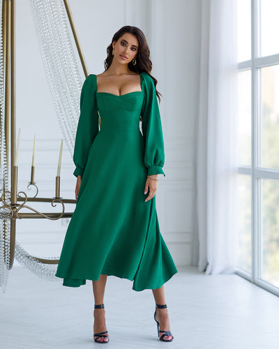 Green PUFF-SLEEVE MIDI DRESS (ARTICLE 401)