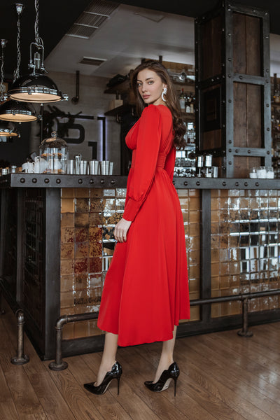 Red V-NECK BUTTONED PUFF-SLEEVE MIDI DRESS (ARTICLE C392)