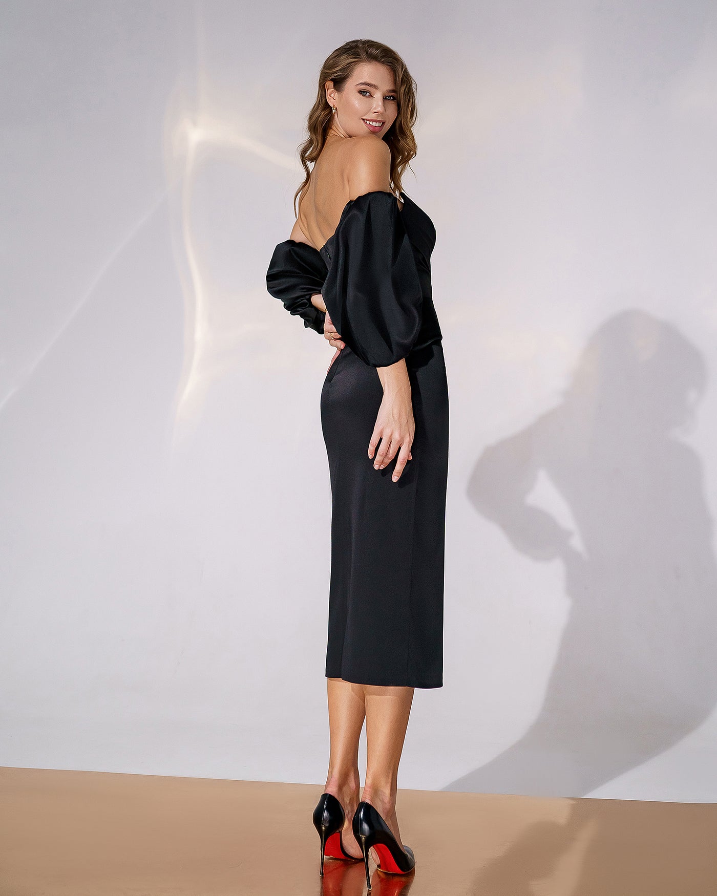 Black SATIN SWEETHEART PUFF-SLEEVE MIDI DRESS (ARTICLE 330)