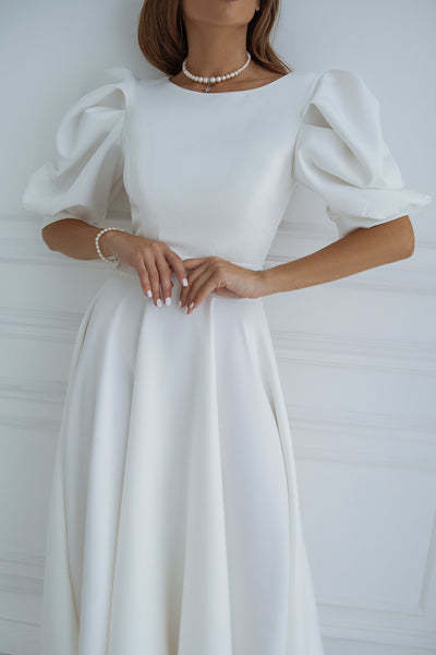 White BACKLESS PUFF-SLEEVE MIDI DRESS (ARTICLE C383)