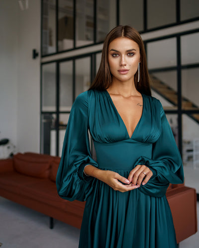 Emerald Silk Puff Sleeve Mini Dress (article 351)