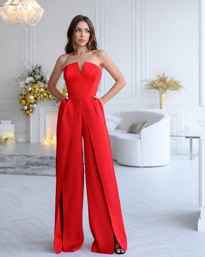 Red Strapless V-Neck Jumpsuit (article 323)