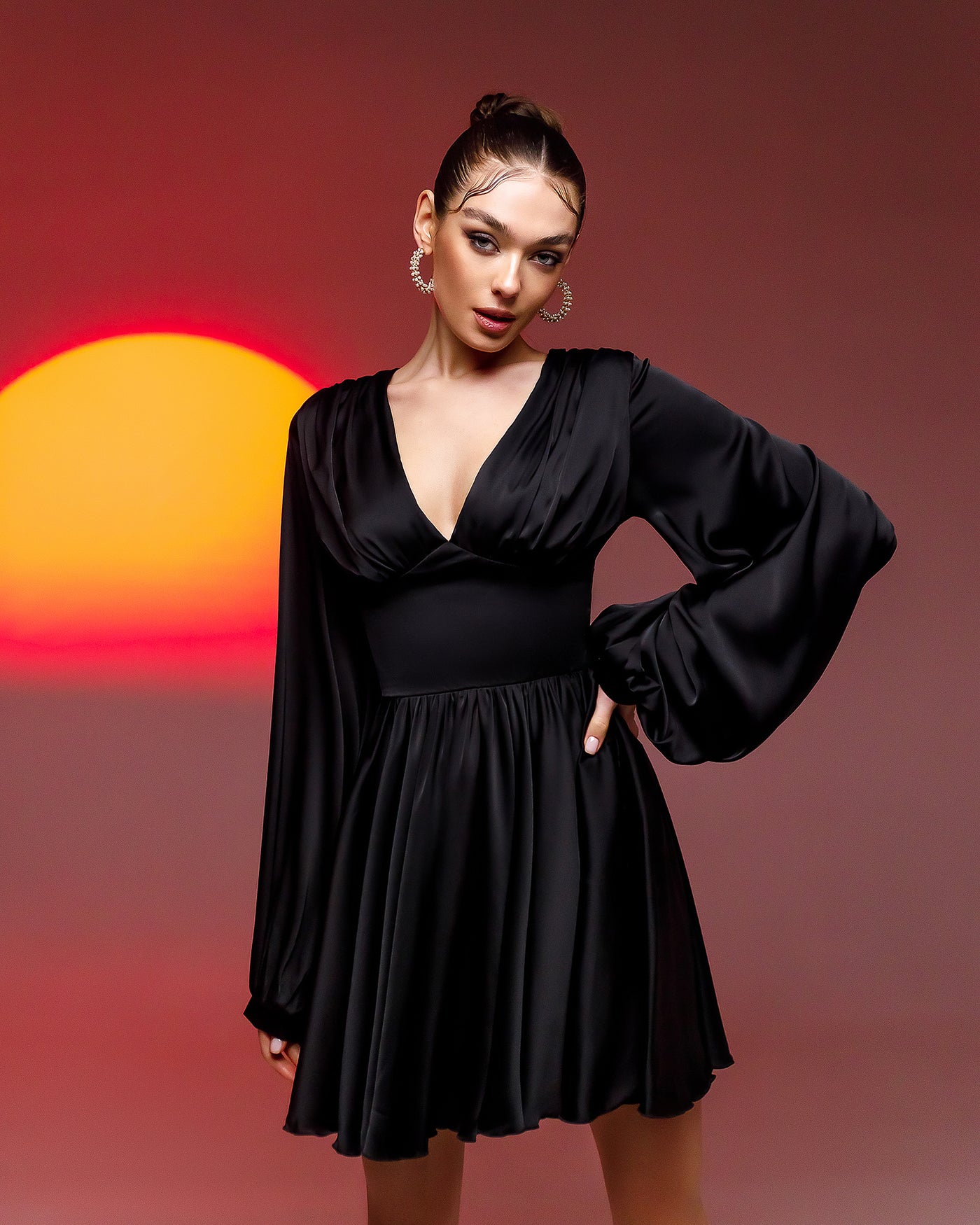 Black SILK PUFF SLEEVE MINI DRESS (ARTICLE 351)