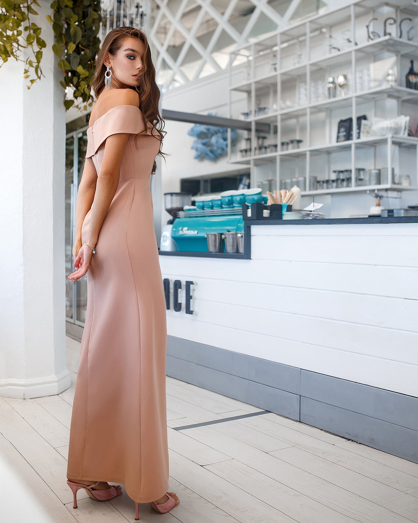 Beige Off-The-Shoulder Maxi Dress (article 321)