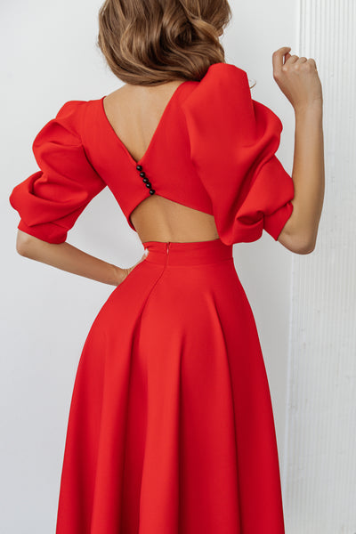 Red BACKLESS PUFF-SLEEVE MIDI DRESS (ARTICLE C383)