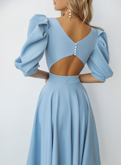 Sky-blue BACKLESS PUFF-SLEEVE MIDI DRESS (ARTICLE C383)