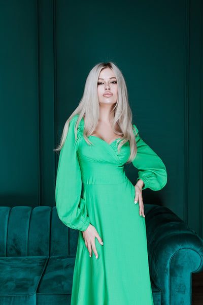 Green PUFF SLEEVE MIDI DRESS (ARTICLE C329)