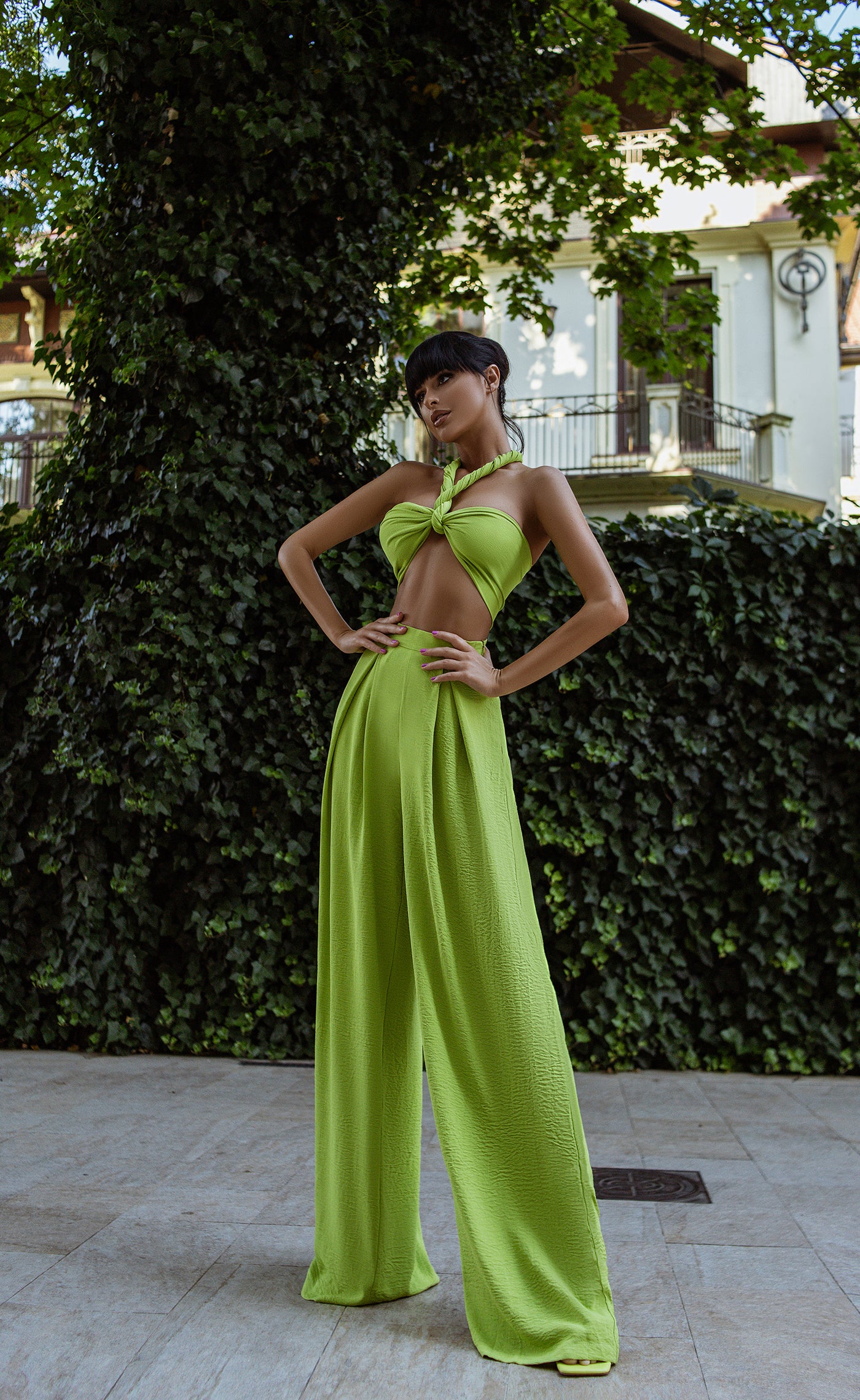 Lime Green BOW TOP & WIDE-LEG PANTS 2-PIECE SET (ARTICLE C371)