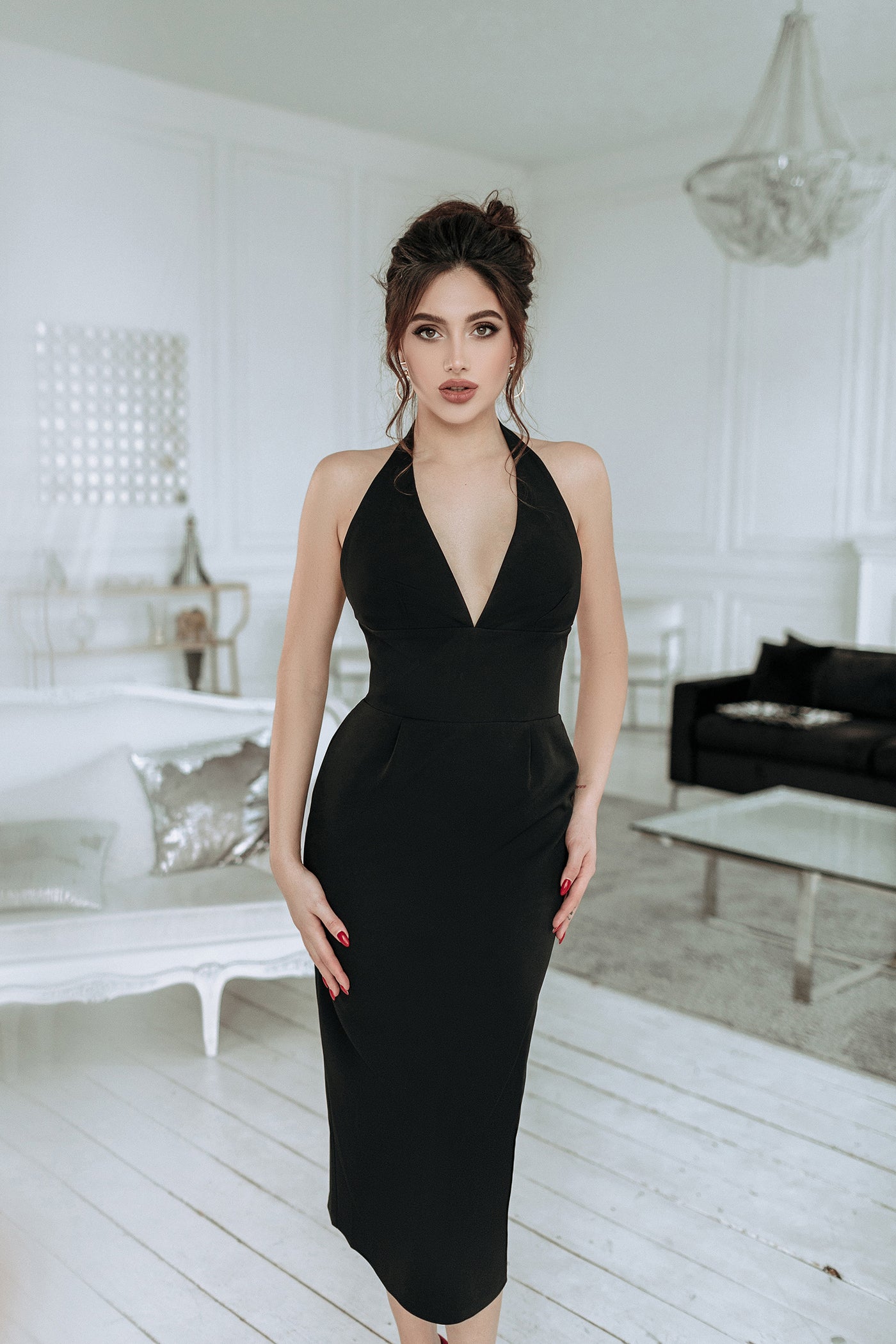 BLACK BACKLESS HALTER MIDI DRESS