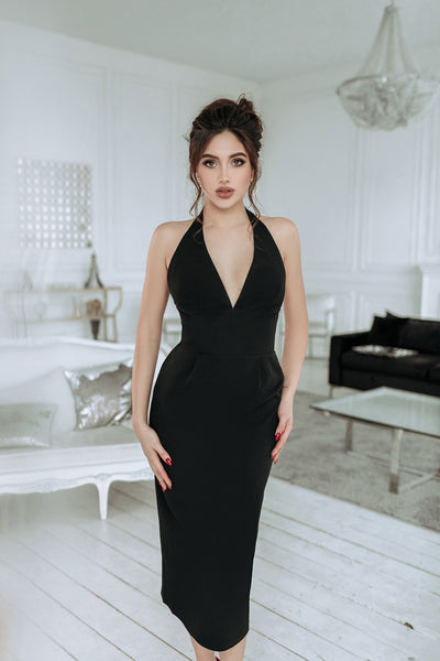 BLACK BACKLESS HALTER MIDI DRESS