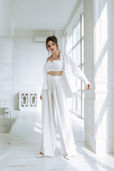 Milky White Shirt & High Waist Pants 2-Piece Set (article 284)