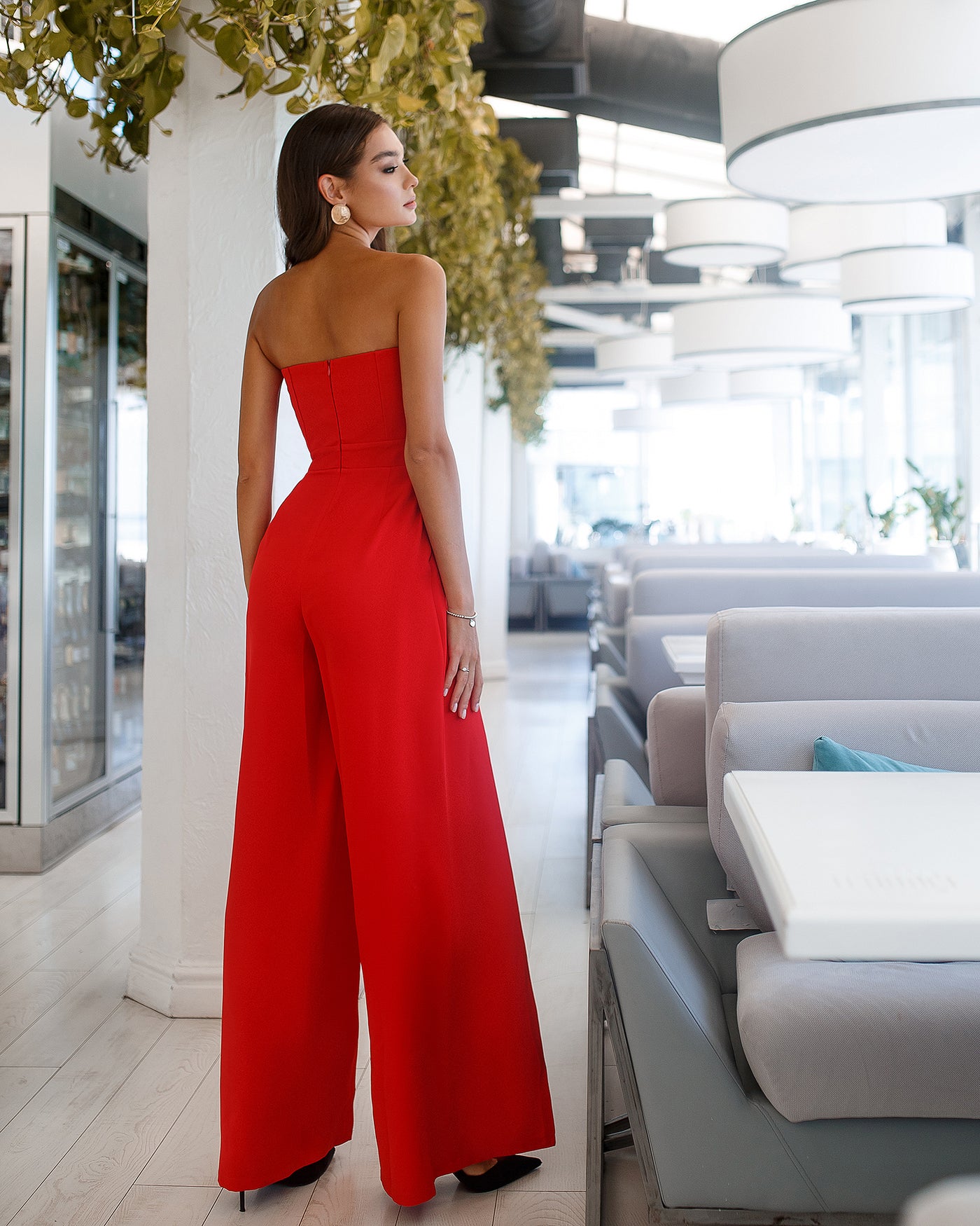 Red Strapless V-Neck Jumpsuit (article 323)