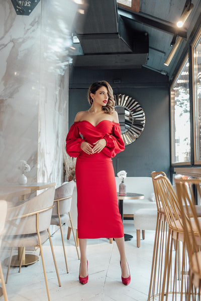 Red Puff-Sleeve Midi Dress (article 256)