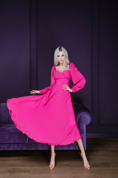 Crimson Puff Sleeve Midi Dress (article C329)